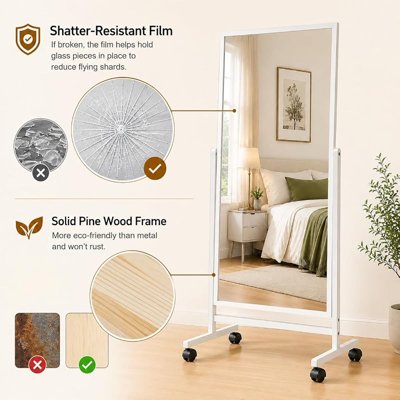 Full Length Mirror with Wheels 65 x 22 in Freestanding White Wood Frame - Adjustable Tilt