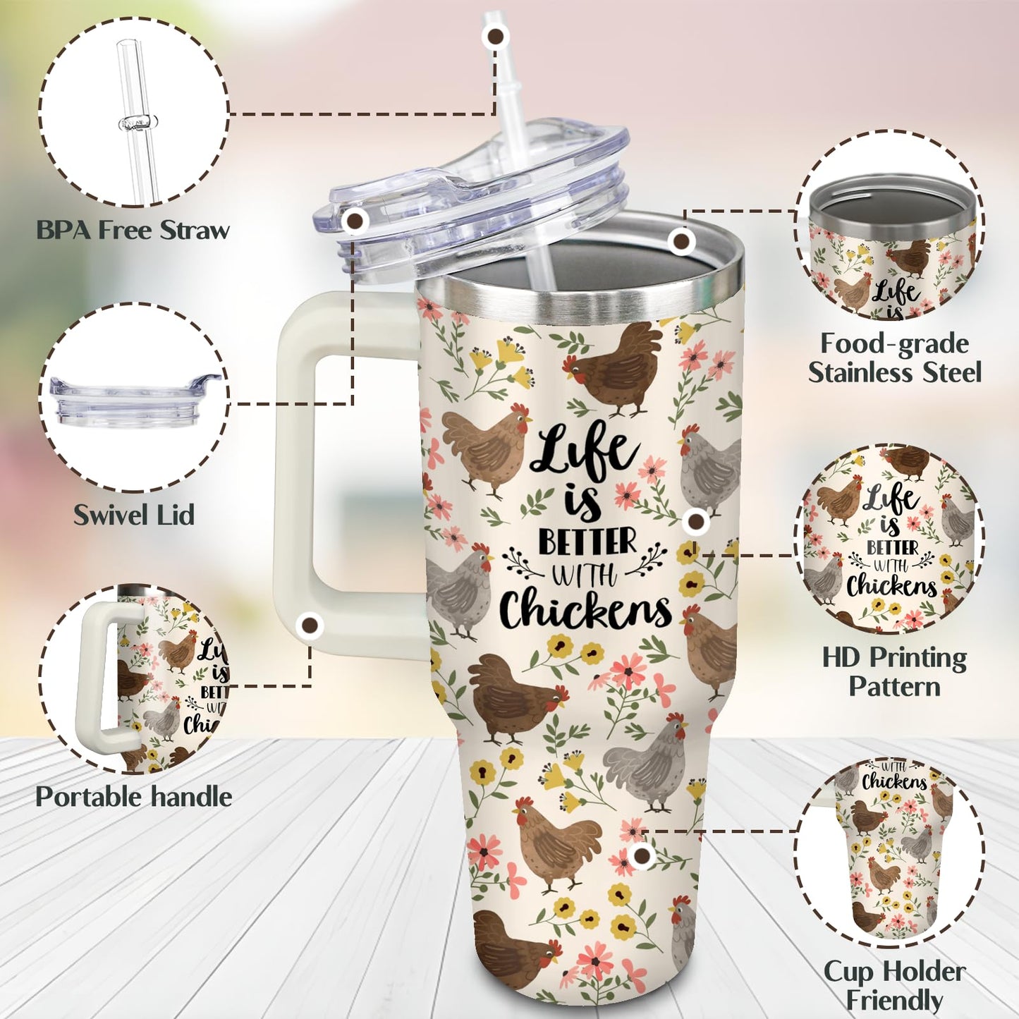 40 oz Chicken Tumbler with Handle and Straw, Floral Rooster Stainless Steel Vacuum Insulated Travel Coffee Mug Cup Water Bottle, Chicken Stuff Accessories Decor, Rooster Gifts for Women Girls