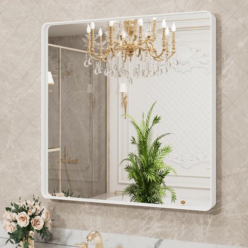 LOAAO White Metal Framed Bathroom Mirror - Large 30x30 Inch Rounded Rectangle, Anti-Rust Tempered Glass | Versatile Horizontal/Vertical Hanging