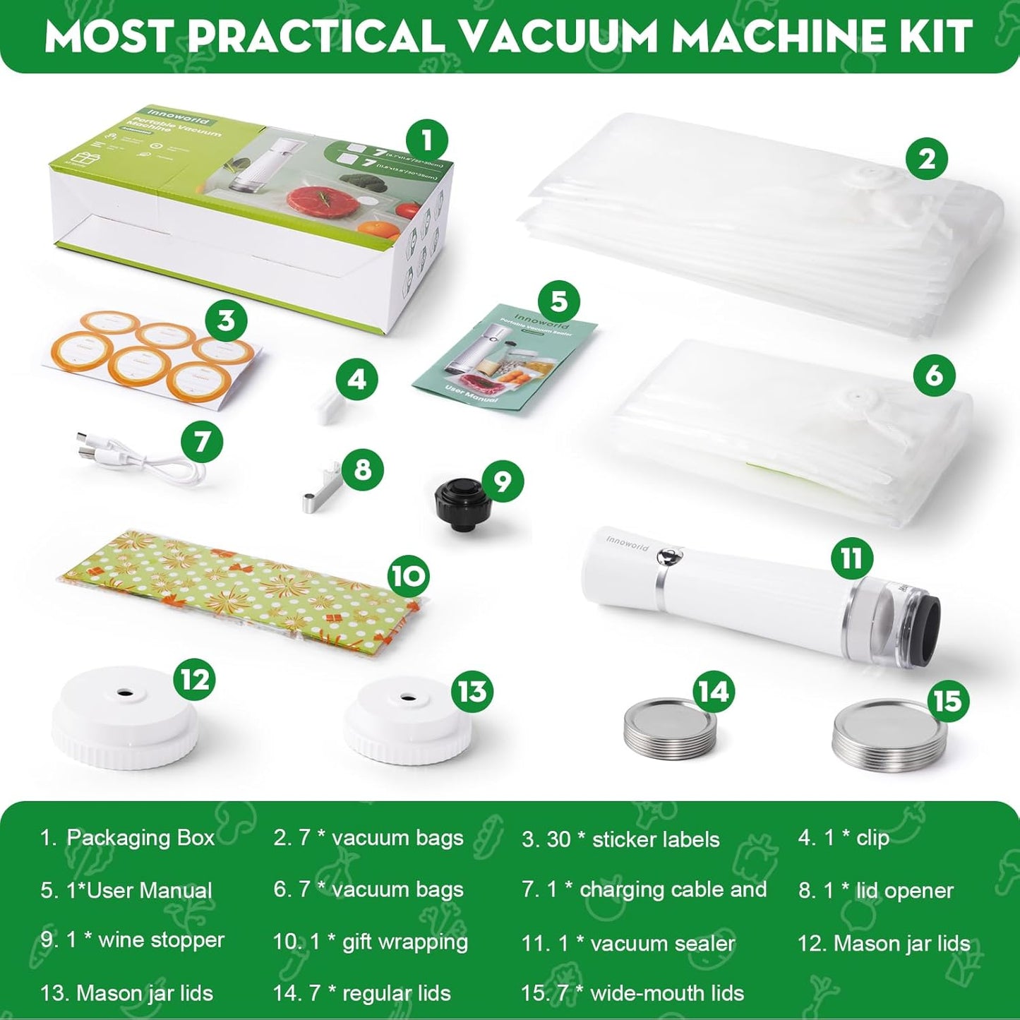 Skiennix 3-in-1 Vacuum Sealer - Compact Handheld Food Saver with 14 Reusable Bags & Jar Compatibility