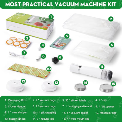 Skiennix 3-in-1 Vacuum Sealer - Compact Handheld Food Saver with 14 Reusable Bags & Jar Compatibility