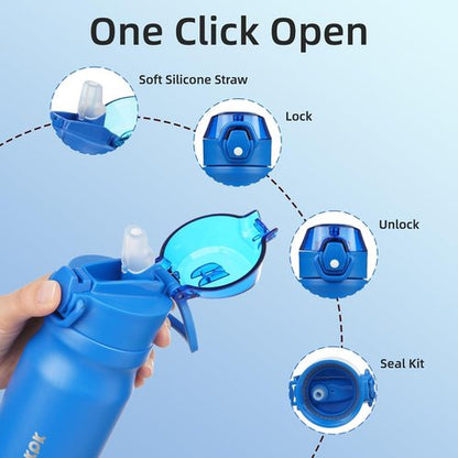 BJPKPK Insulated Water Bottle - 14oz Stainless Steel Thermal Flask with Straw & Carry Handle | Blue