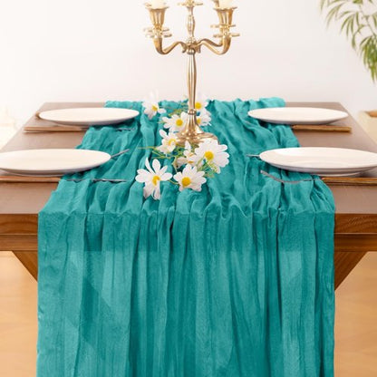 **Socomi Teal Blue Cheesecloth Table Runner - 120 Inch Boho Rustic Decor for Weddings & Parties**