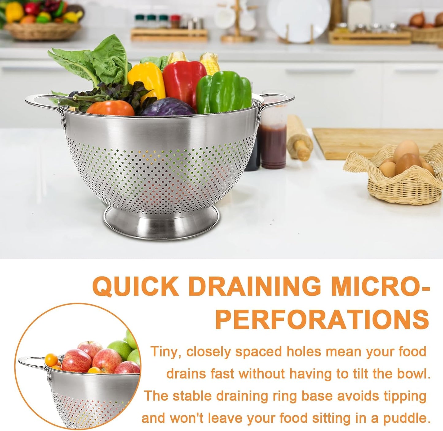 Stainless Steel Colander Set by [Brand Name] - Durable Rice & Pasta Strainers | Nesting Design, Rust-Resistant, Dishwasher Safe | 1.5, 3, & 5 Quart