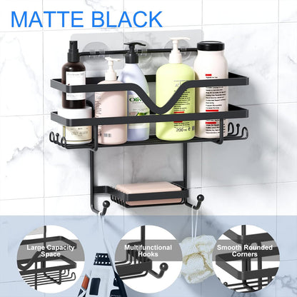 Skiennix Shower Caddy 3 Pack - Rustproof No Drill Organizer Shelves with Soap Dish & Hooks | Black