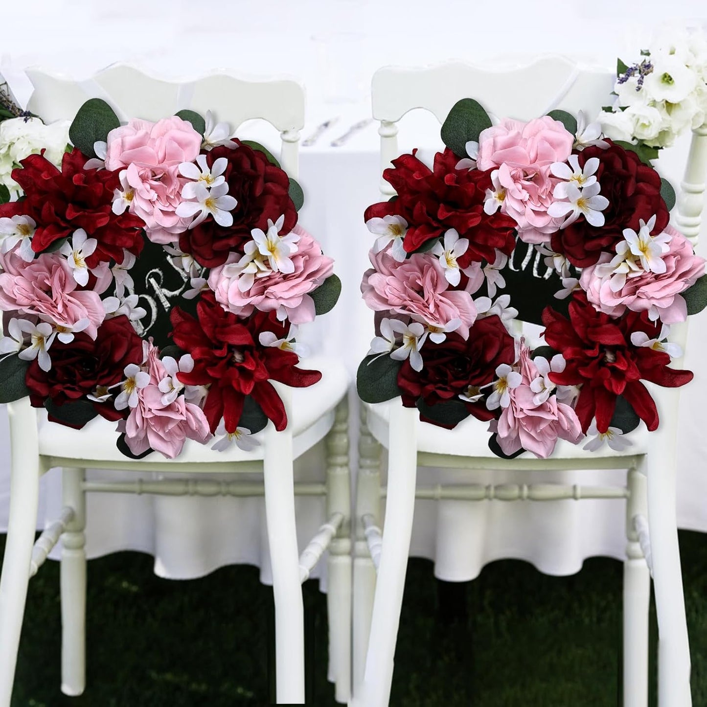 Skiennix Artificial Flower Candle Rings - 6-Inch Rose Floral Wreaths with Butterflies for Wedding Centerpieces | Burgundy & Pink (Set of 2)