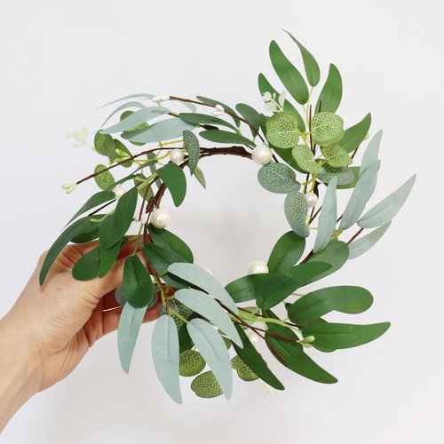 Greenery Candle Rings by [Brand Name] - 4-Inch Artificial Eucalyptus Wreaths with Pearl Berries | Boho Decor for Weddings & Home