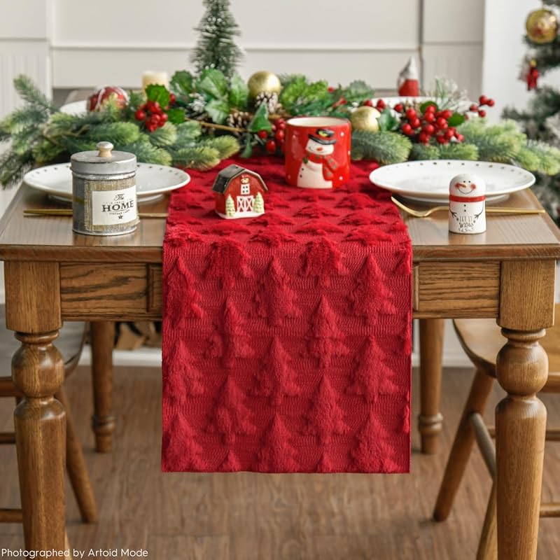 Artoid Mode Red Plush Christmas Table Runner 13x36 Inch — Faux Fur Jacquard Xmas Decor, Holiday Kitchen Dining