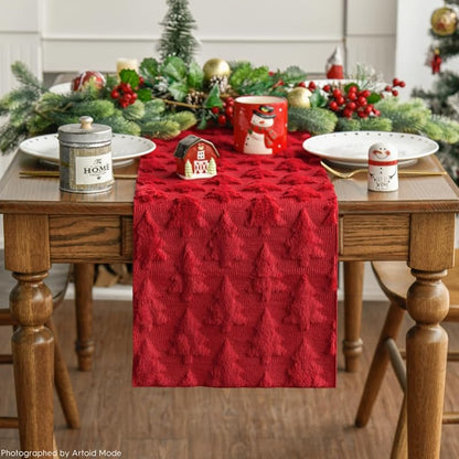 Artoid Mode Red Plush Christmas Table Runner 13x36 Inch — Faux Fur Jacquard Xmas Decor, Holiday Kitchen Dining