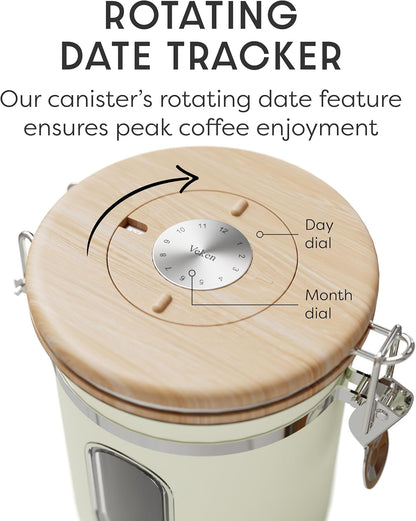Veken Coffee Canister - Airtight Stainless Steel Food Storage with Window & Date Tracker | 16oz Cream