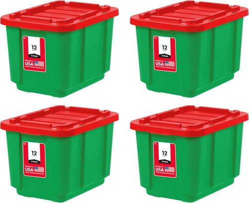 IRIS USA 12 Gallon Heavy Duty Storage Bins with Lids - 4-Pack for Seasonal Organization | Green/Red