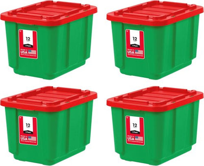 IRIS USA 12 Gallon Heavy Duty Storage Bins with Lids - 4-Pack for Seasonal Organization | Green/Red