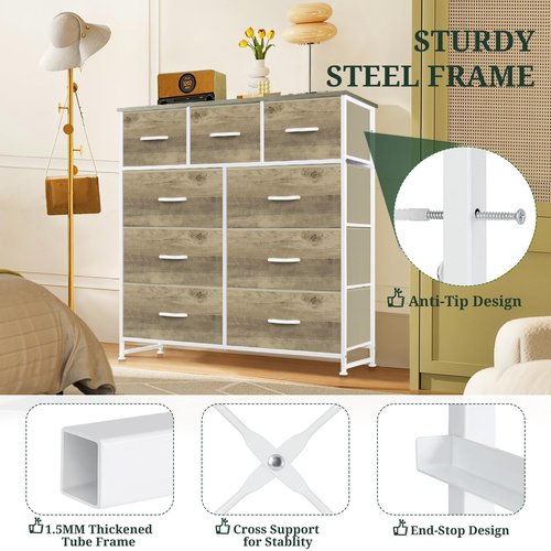 9-Drawer Dresser for Bedroom, Anti-Tip Tall Storage Organizer Chest of Drawers with Wooden Top and Metal Frame Fabric Bins for Closet, Living Room, Hallway, Entryway, Greige Oak
