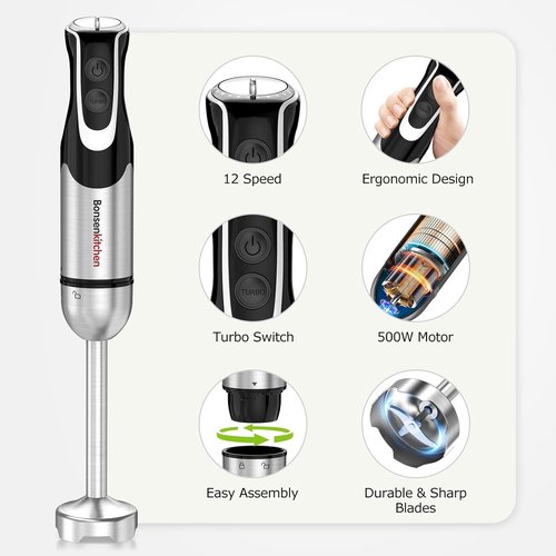 Bonsenkitchen 4-in-1 Immersion Blender - Handheld 12-Speed Mixer with Turbo Mode & Stainless Steel Blade | Includes Whisk, Beaker & Chopper Bowl