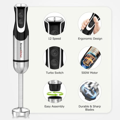 Bonsenkitchen 4-in-1 Immersion Blender - Handheld 12-Speed Mixer with Turbo Mode & Stainless Steel Blade | Includes Whisk, Beaker & Chopper Bowl