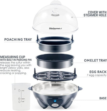 Elite Gourmet Electric Egg Cooker - 7 Egg Capacity for Soft, Medium, Hard-Boiled & Omelets | BPA Free