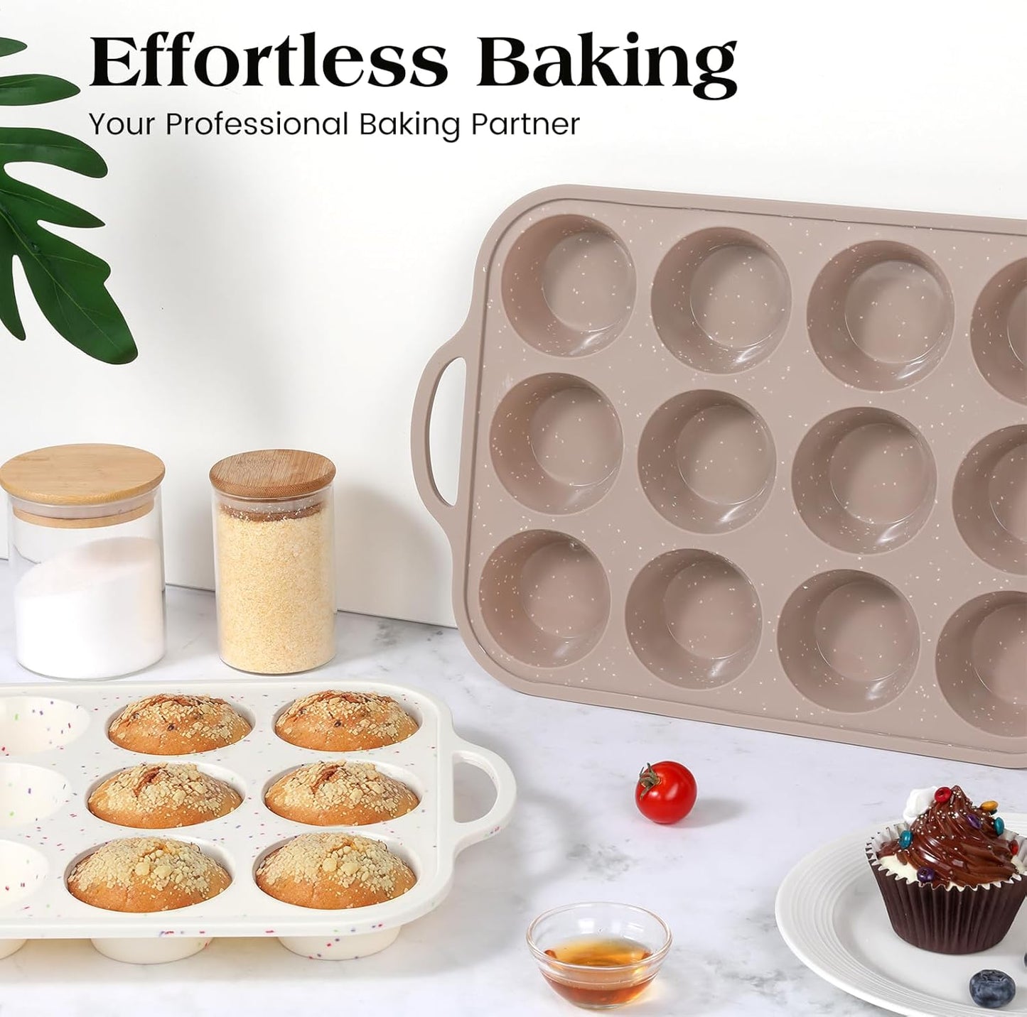 Vinino Silicone Muffin Pans - 2-Pack Nonstick Baking Molds with Metal Reinforced Frame | 12 Cups, BPA-Free