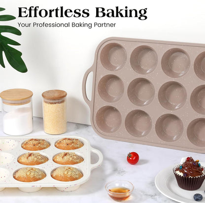 Vinino Silicone Muffin Pans - 2-Pack Nonstick Baking Molds with Metal Reinforced Frame | 12 Cups, BPA-Free