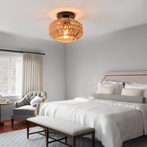 IHENGYANLT 2 Pack Farmhouse Light Fixtures Ceiling Mount,Mini Rattan Boho Semi Flush Mount Ceiling Light,Hand Woven Hallway Light Fixtures for Bedroom Entryway Nursery Study Room