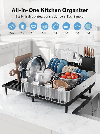 SUNLY Large Dish Drying Rack - Expandable 304 Stainless Steel Kitchen Drainer | Space-Saving Black Design