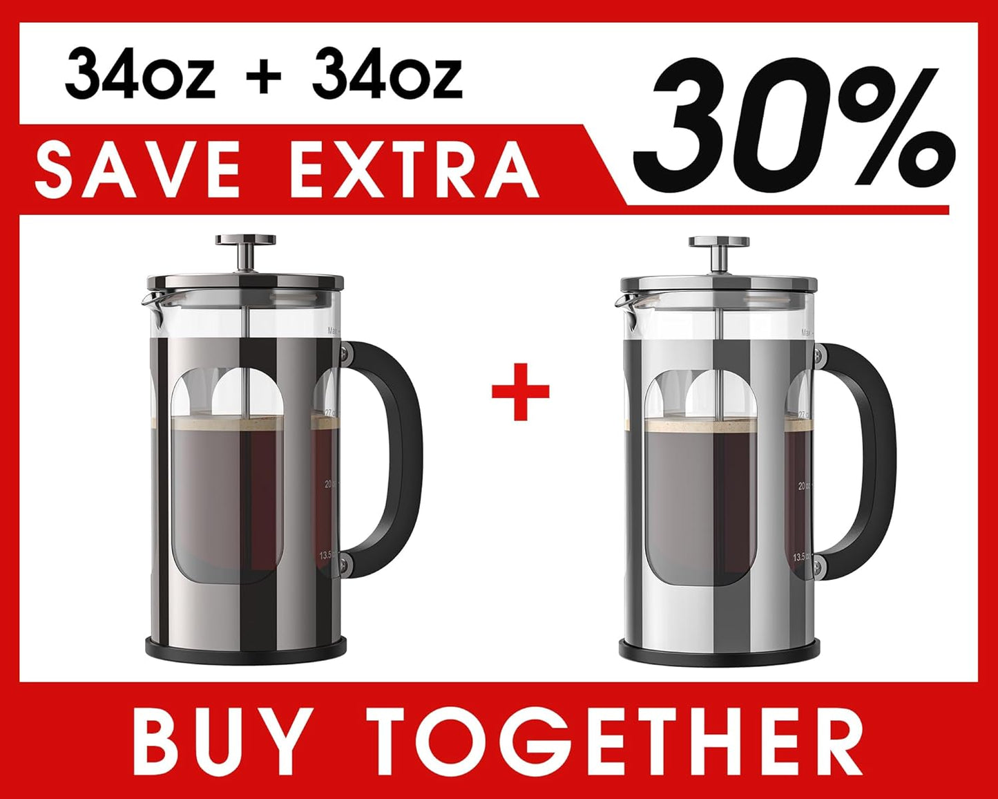Veken French Press - 34oz Dark Pewter & Silver - Premium Coffee Maker for Rich Flavor