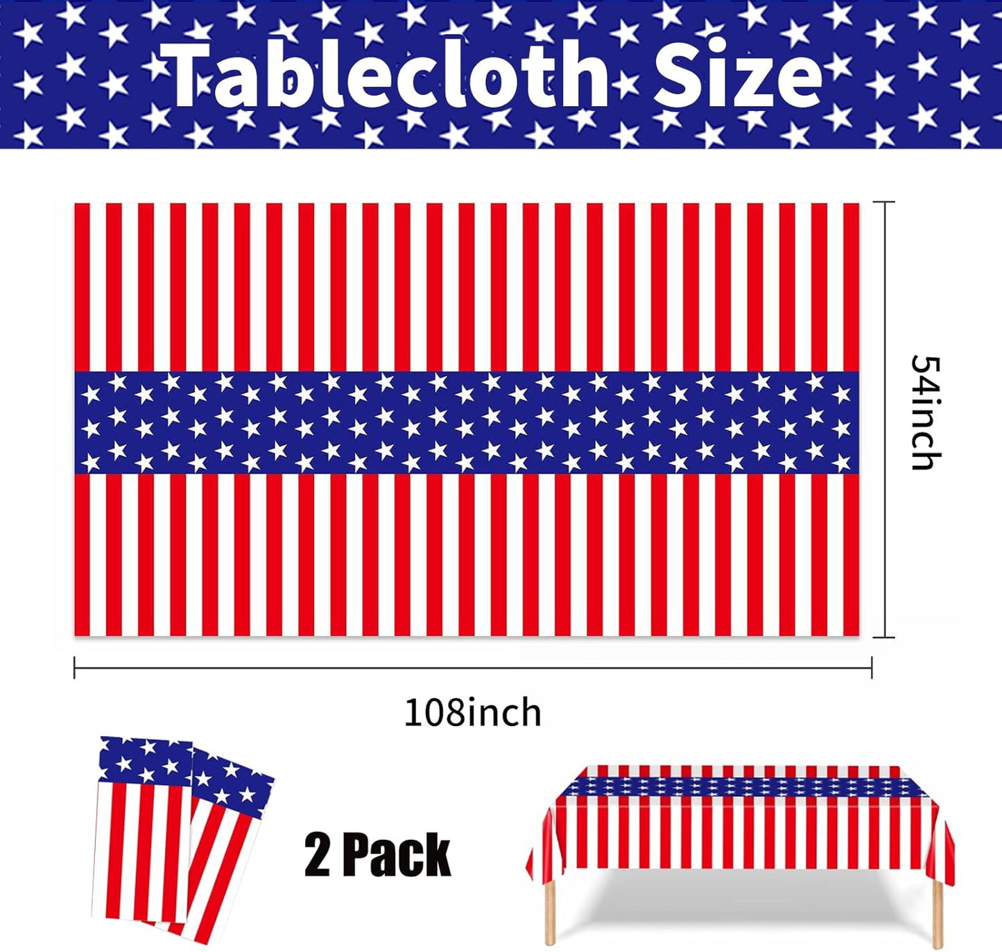 Patriotic Tablecloth by [Brand Name] - 2 Pack Red, White & Blue Disposable Plastic | 54” x 108” for 4th of July Parties