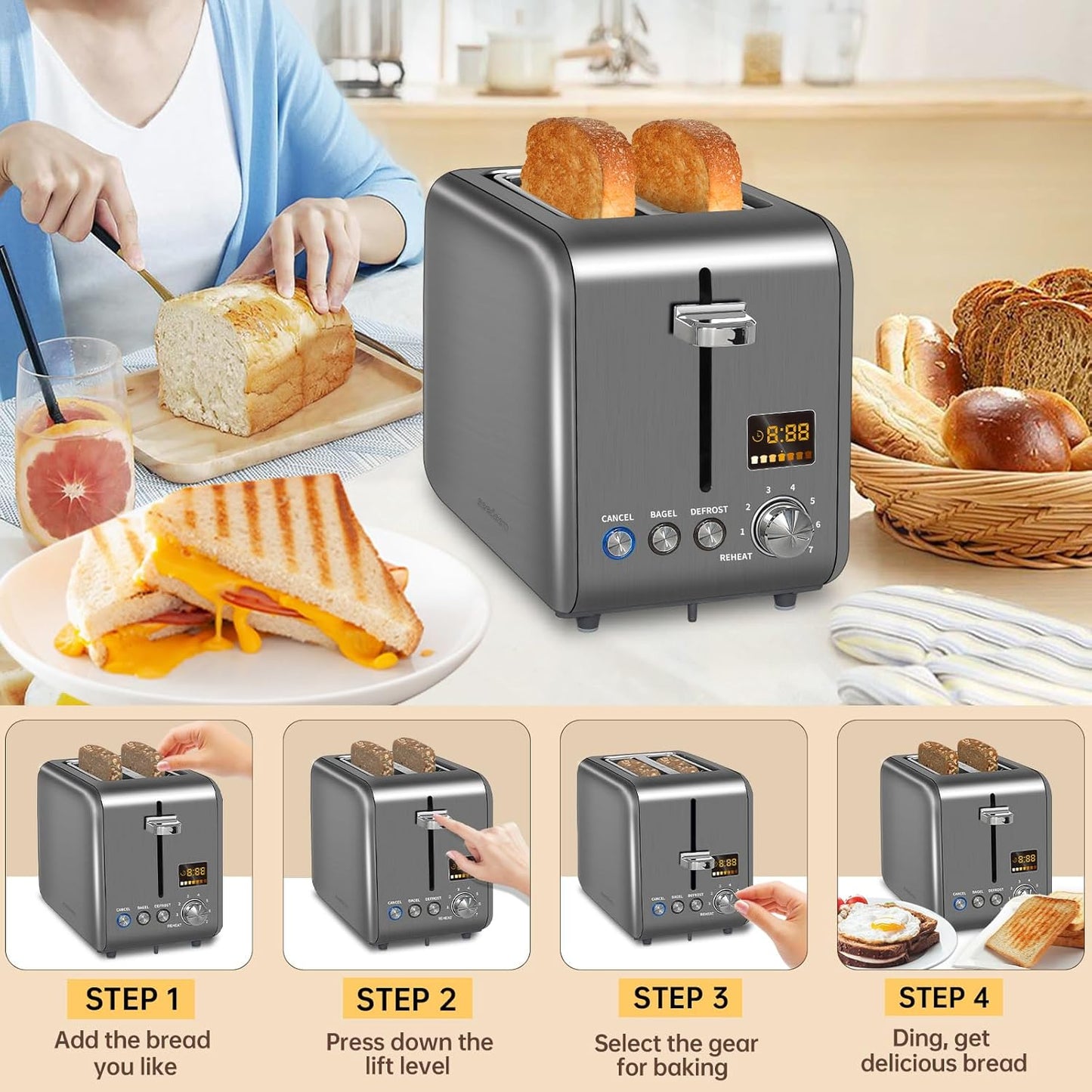 SEEDEEM 2-Slice Stainless Steel Toaster - LCD Display, 7 Shade Settings, 1.4'' Wide Slots, Dark Metallic