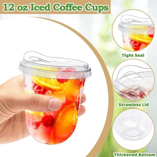 Alaeseje 50 Pack Clear Plastic Cups - 12 oz Disposable Iced Coffee Cups with Strawless Sip Lids