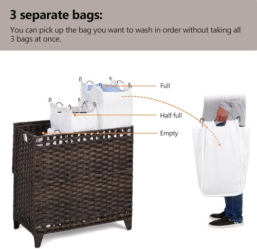 Handwoven Rattan Laundry Hamper - 132L with 3 Removable Liner Bags & Lid | Brown Clothes Sorter