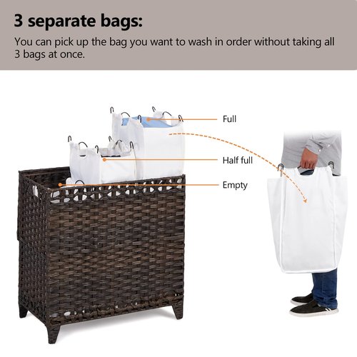 Laundry Hamper with 3 Removable Liner Bags; 132L Handwoven Rattan Laundry Basket with Lid & Heightened Feet; Clothes Hamper with Side Handles; Laundry Sorter with 3 Separate Sections (Brown)
