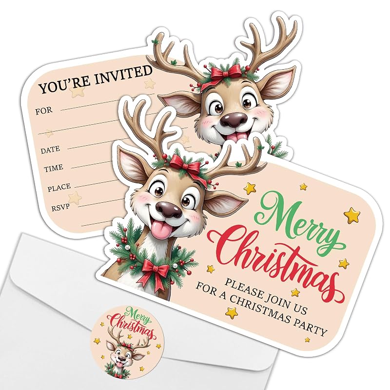 Christmas Elk Invitation Set with Envelopes & Stickers – 15 Cards, 15 Envelopes, 15 Seals