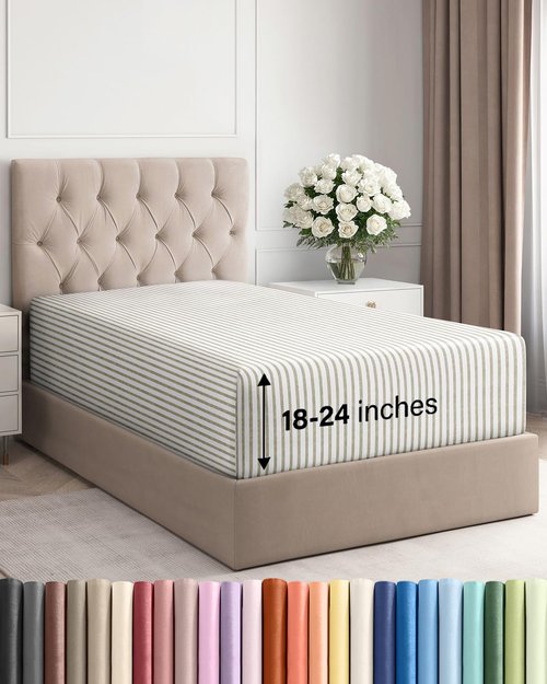 Extra Deep Twin Fitted Sheet - Hotel Luxury Single Fitted Sheet Only - Easily Fits 18 inch to 24 inch Mattress - Ultra Soft, Wrinkle Free with Extra Deep Pockets - Breathable & Comfy - Beige Stripes
