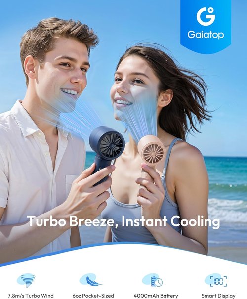 Gaiatop Handheld Personal Fan - Powerful Turbo Cooling | 4000mAh USB Rechargeable Mini Fan - Pink