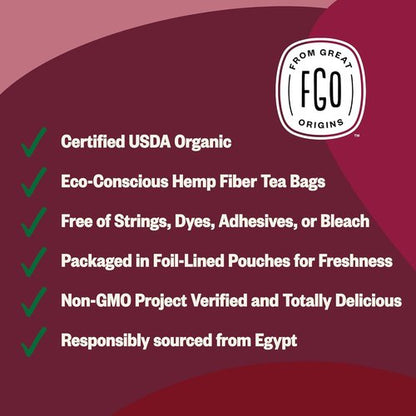 FGO Organic Hibiscus Tea - Caffeine-Free Eco-Conscious Tea Bags | 100 Count Pack