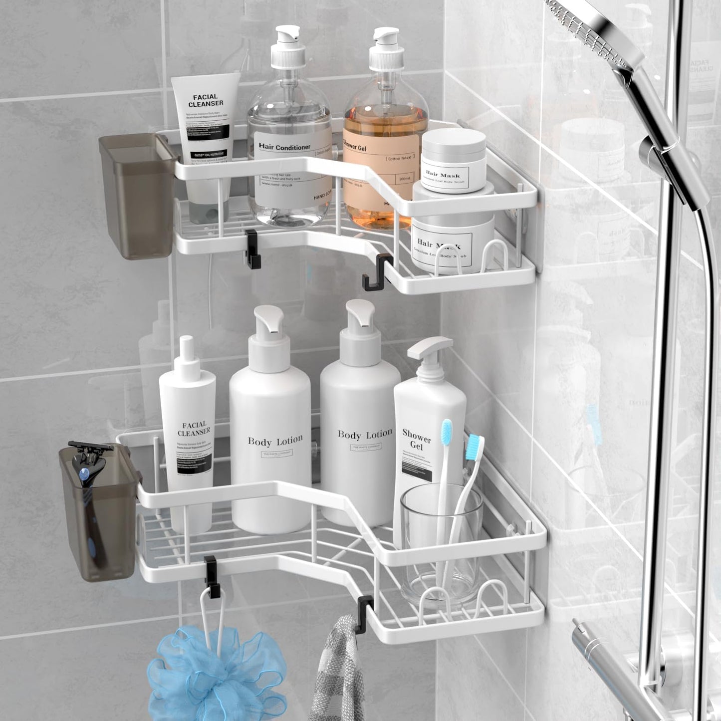 AKTECKE Shower Caddy | 2-Pack Corner Organizer Shelf - No-Drill Stainless Steel Bathroom Storage with Hooks