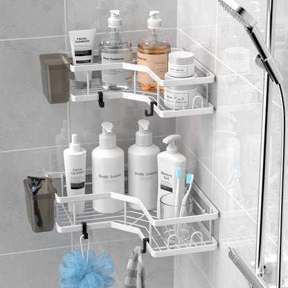 AKTECKE Shower Caddy | 2-Pack Corner Organizer Shelf - No-Drill Stainless Steel Bathroom Storage with Hooks