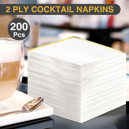 Regine Switzerland Cocktail Napkins - 200 Pcs 2-Ply White with Gold Trim - Elegant Disposable Beverage Napkins for Weddings & Events