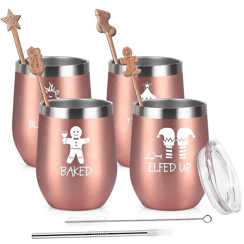 Qtencas 12 Oz Stainless Steel Christmas Wine Tumbler Set with Spoon - 4 Pack, Rose Gold