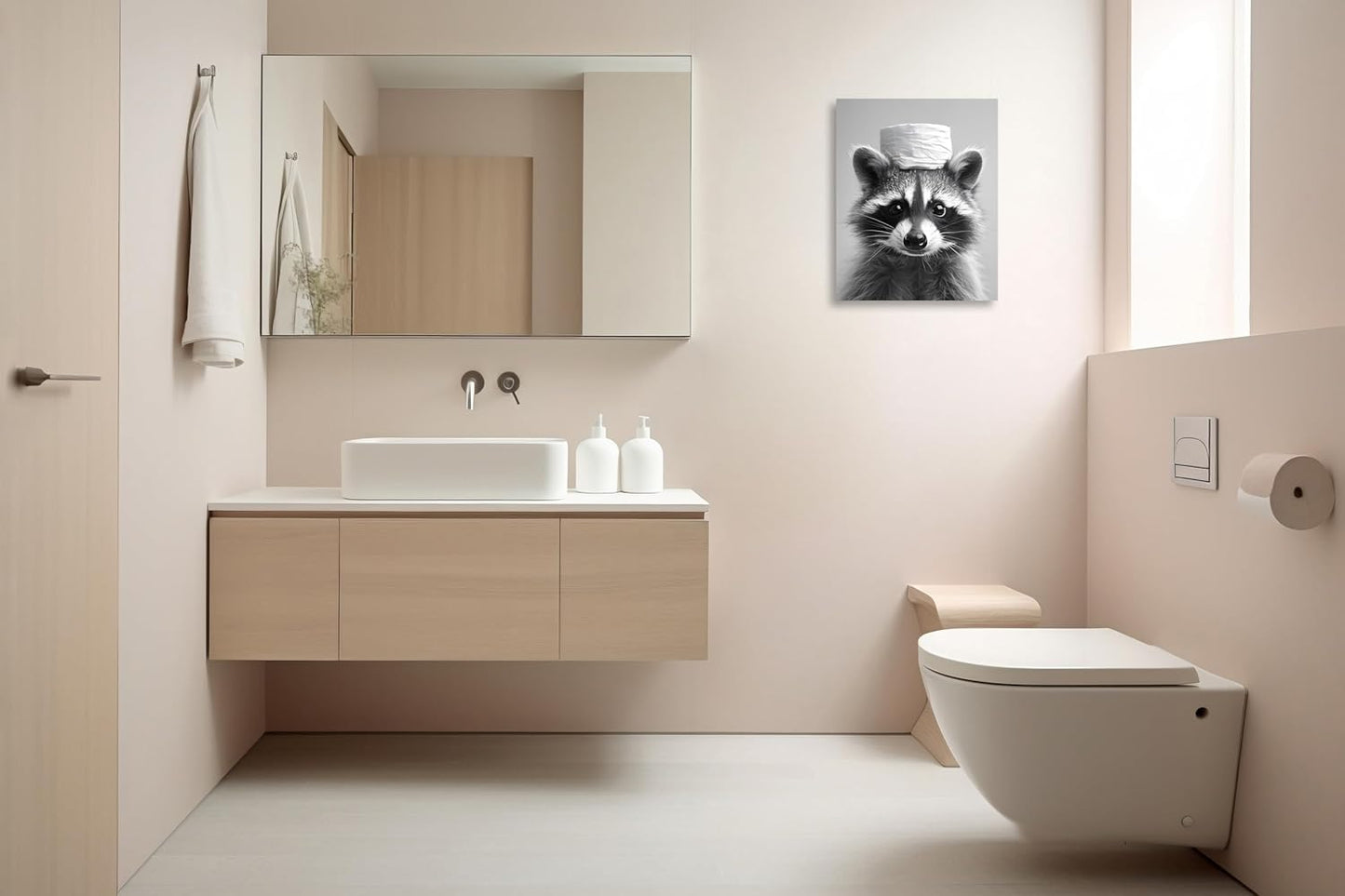 Raccoon Bathroom Wall Art - Funny Animal Canvas Print | Black & White Toilet Paper Decor | 8x10 Inch Framed