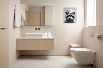 Raccoon Bathroom Wall Art - Funny Animal Canvas Print | Black & White Toilet Paper Decor | 8x10 Inch Framed