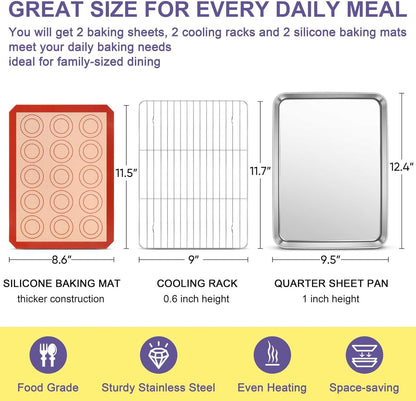 TeamFar Stainless Steel Baking Sheet Set - 12.5-Inch Cookie Sheets with Cooling Rack & Silicone Mats | Non-Toxic, Easy Clean
