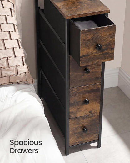 SONGMICS Dresser - Narrow Chest of Drawers for Bedroom Storage | 4-Drawer Steel Organizer in Rustic Brown & Ink Black
