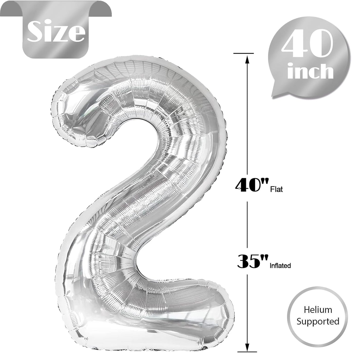 Silver 2 Balloon - 40 Inch Number 2 Birthday Decoration | Perfect for Second Birthday Parties