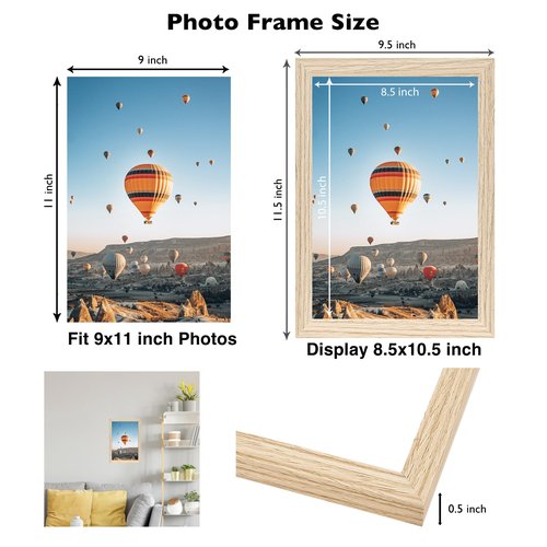 JCJMY 9x11 Picture Frame for Wall Hanging or Tabletop, Wall Mounting Horizontally or Vertically, 9 x 11 Wall Gallery Poster Photo Frame with Shatter Resistant Plexiglass, Natural