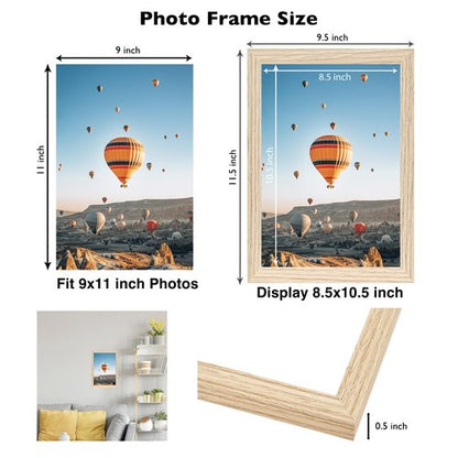 JCJMY 9x11 Picture Frame for Wall Hanging or Tabletop, Wall Mounting Horizontally or Vertically, 9 x 11 Wall Gallery Poster Photo Frame with Shatter Resistant Plexiglass, Natural