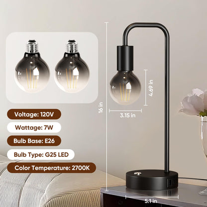 QiMH Industrial Table Lamps for Living Room, Farmhouse Table Lamp with USB A+C Ports, Minimalist Bedside Lamps Set of 2, Touch Control Stepess Dimmable,8W G80 Globe Bulb, Black Lamps for Bedroom