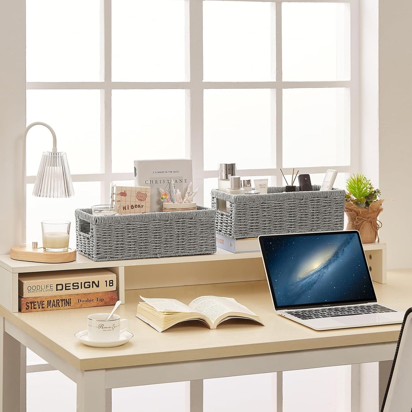 Vagusicc Wicker Storage Baskets - Stylish Grey Paper Rope Baskets with Handles | 2-Pack for Organizing