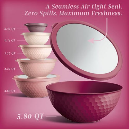 COOK WITH COLOR Mixing Bowls Set - 12-Piece Microwave Safe Nesting Bowls with Lids, Rose Embossed