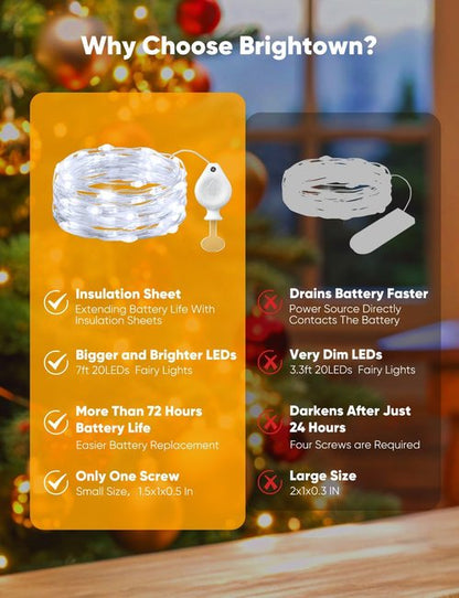 Brightown LED Fairy Lights - 14 Pack Warm White & White Battery Operated String Lights | 7ft Waterproof Silver Wire for DIY Decor