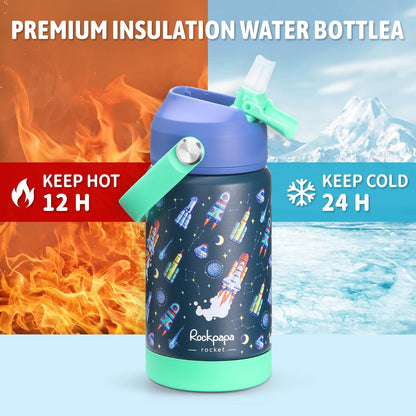 Rockpapa Kids Insulated Water Bottle - 14 oz Stainless Steel, BPA Free, Leak-Proof | Blue Rocket Design